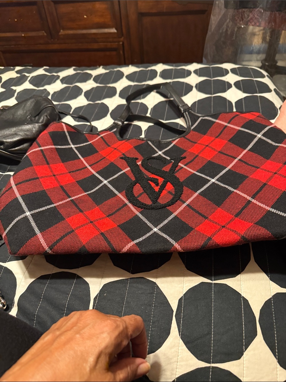 Victoria's Secret Red and Black Plaid Duffel with Signature Monogram